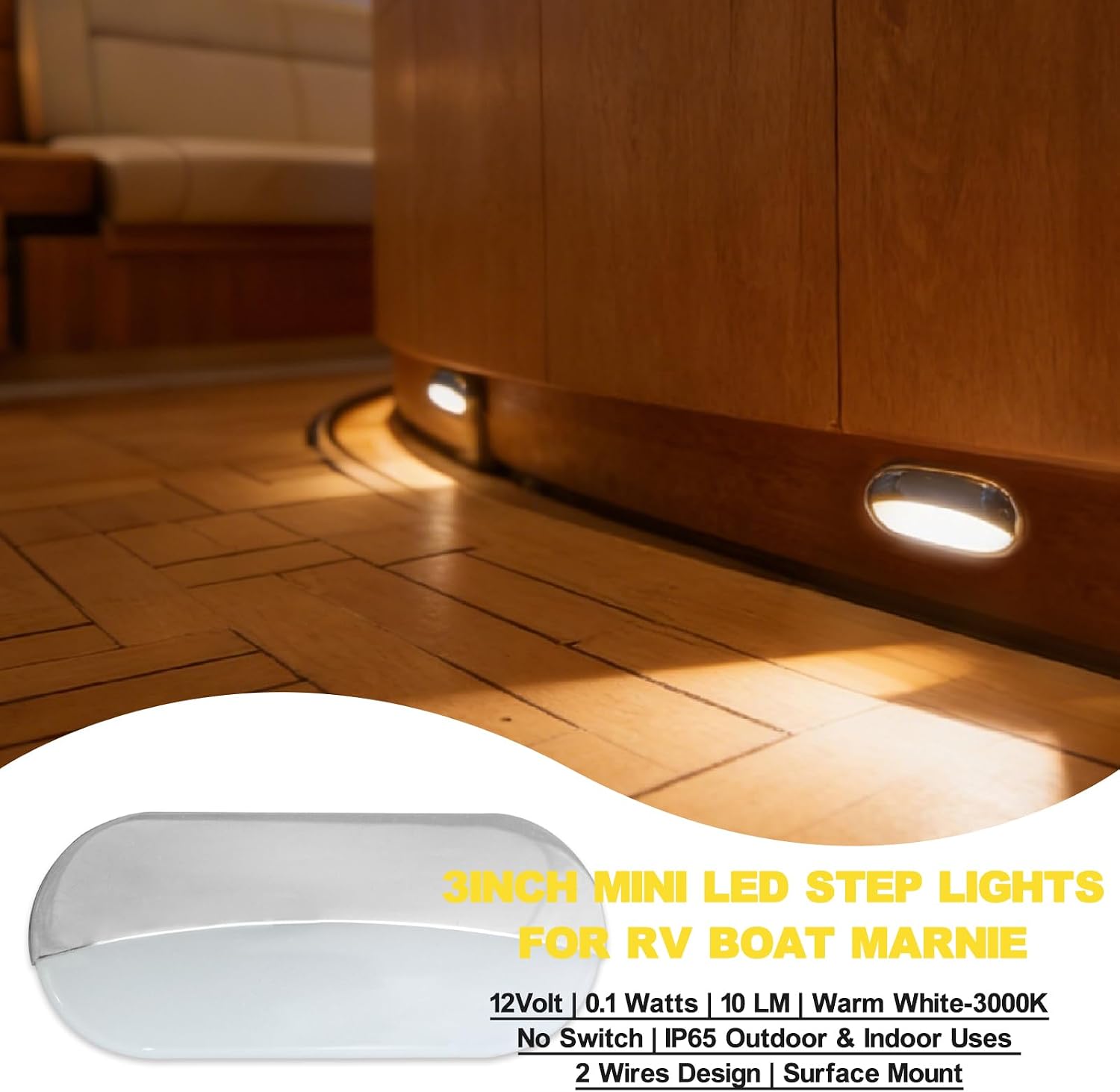 Boat Courtesy Lights 3 Inch Oval RV Step Lights with 316SS Bezel for RV Camper Marine Boat Footwell Cabin Deck Light 12V 0.1W 3000K Warm White Lighting IP65 Waterproof Outdoor Light, 6-Pack