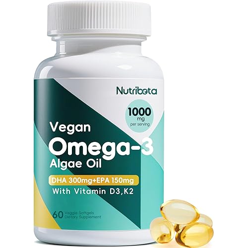 Vegan Omega 3 Softgels | 1000mg Algae Oil as Fish Oil Alternative | 300mg DHA + 150mg EPA | Omega 3 Supplements with Vitamin D3 & K2 for Brain, Eye, Skin& Immunity | 60 Count