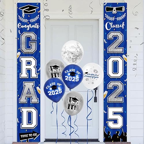 Decoraciones de graduación de clase de 2025, pancarta de graduación azul y plateado, decoraciones de graduación 2025, suministros de decoración de