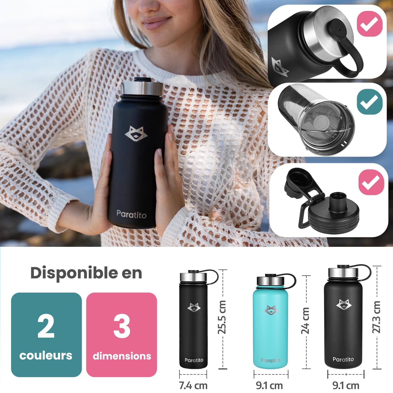 Bouteille isotherme avec infuseur à thé et bouchon à vis sport – Parfait pour les déplacements
