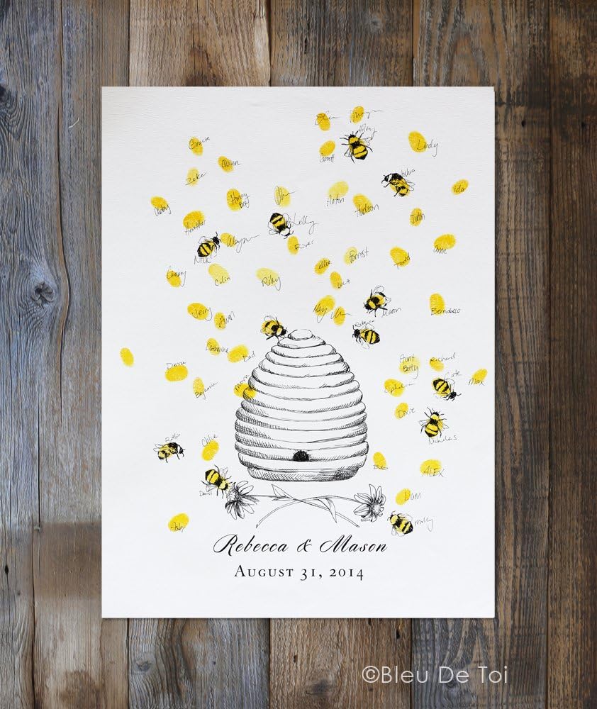 Honey Bee Hive with thumbprint bees, Guest book fingerprint alternative art (with 1 ink pad & 1 pen)