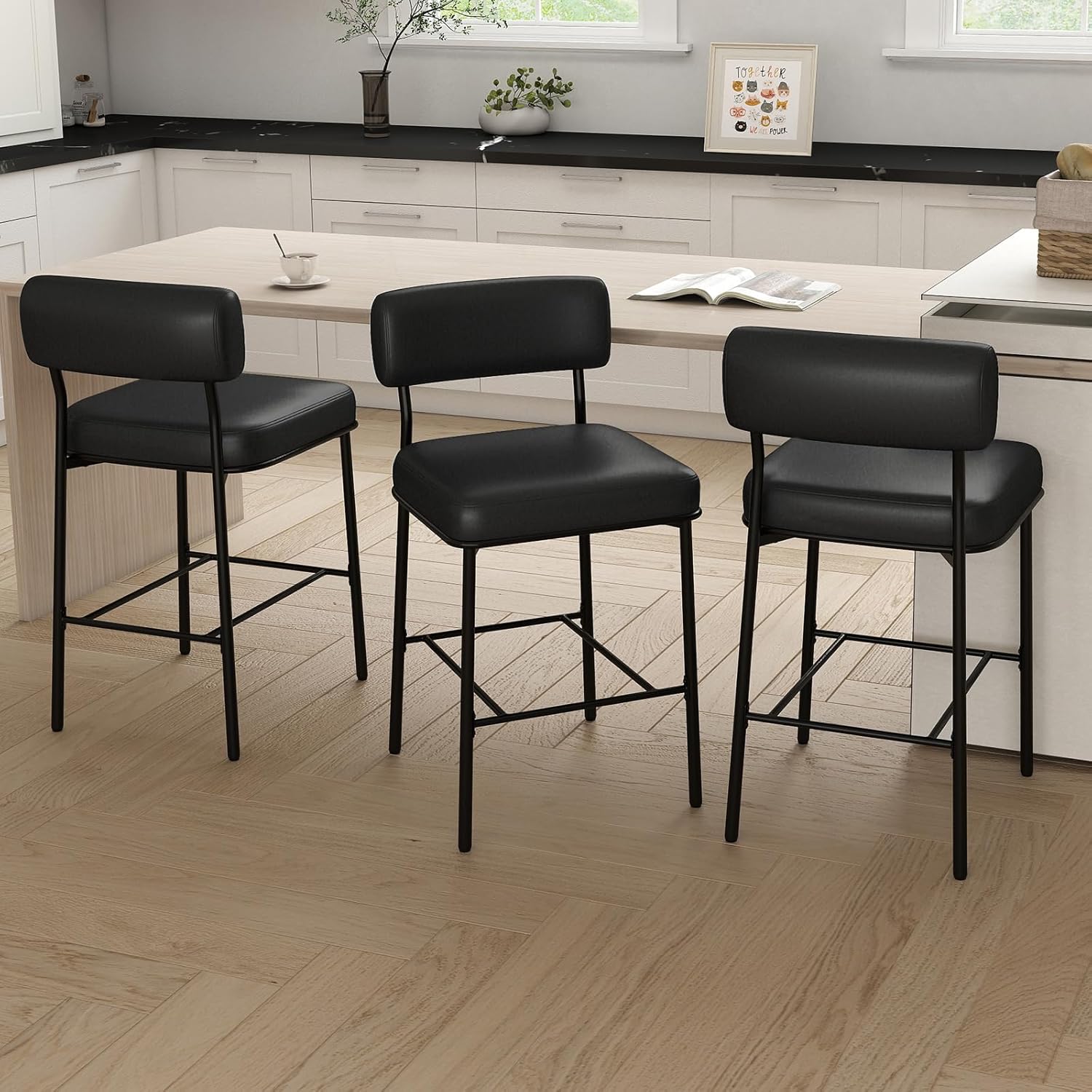 SAECKBERG 26" Counter Height Bar Stools Set of 3, Upholstered Barstools with Backs, Black Faux Leather, Metal Bar Height Chairs, Mid Century Modern Counter Stools for Kitchen Island