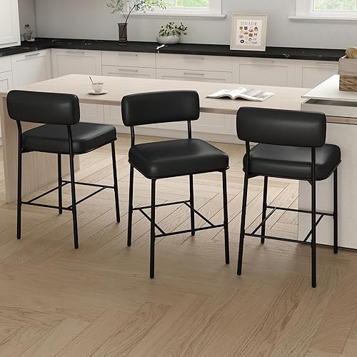 Juego de 3 taburetes de bar de altura de mostrador de 26 pulgadas, taburetes de bar tapizados con respaldo, cuero sintético negro, sillas de altura
