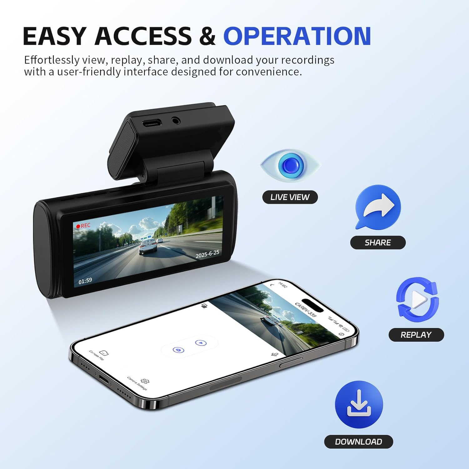 Dual Dash Cam, 1080P Front + 720P Rear, Wi-Fi App Control, Loop Recording, G-Sensor, No SD Card Included