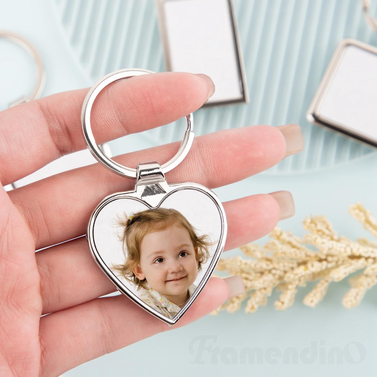 Framendino, 12 Pack Sublimation Keychain Blanks Heat Transfer Press Blank Key Chains with Rings for DIY Photos Crafts Rectangular Round Square Love Heart Silver - Image 6