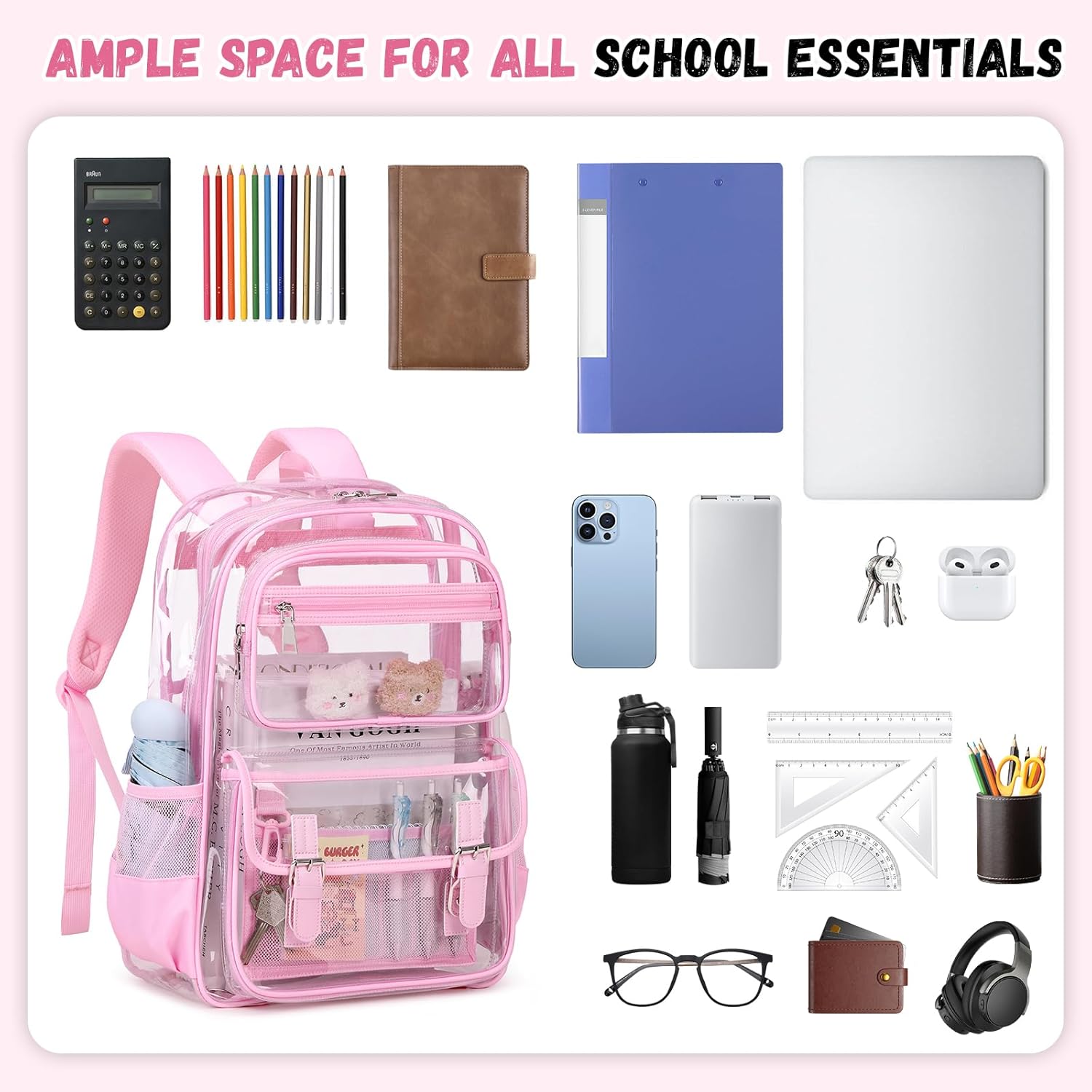 Large Clear Backpack Transparent Heavy Duty School PVC Bookbag See Through Bag Boys and Girls for College Work Travel Security, Pink