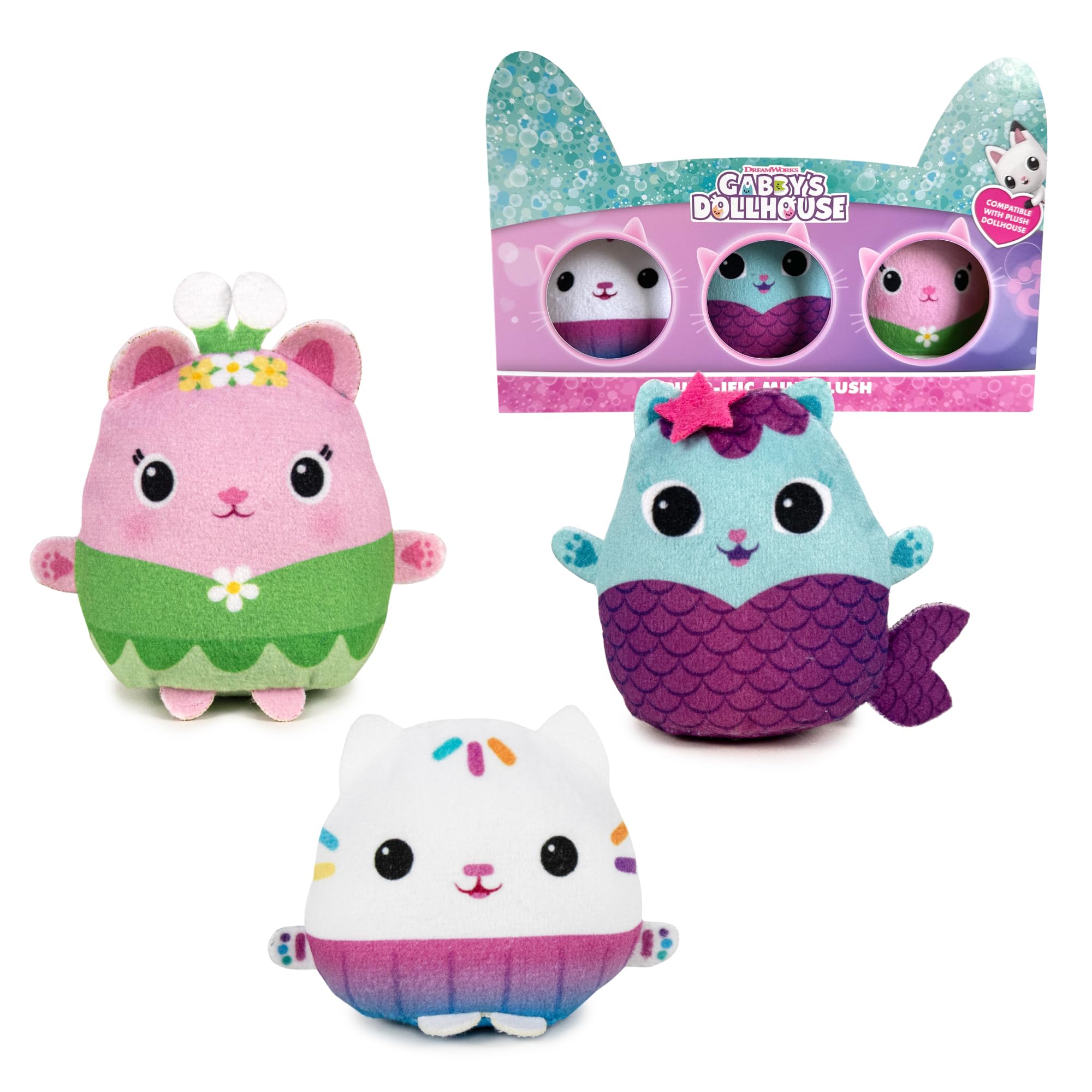 Famosa Softies - Gabby's Dollhouse, Miniplushies Gabby, Minipeluches de los Amigos de Gabby, Incluye a 3 Personajes: Mercat, Kitty Fairy y Cakey con Detalles, Material Suave, Famosa (760024631)