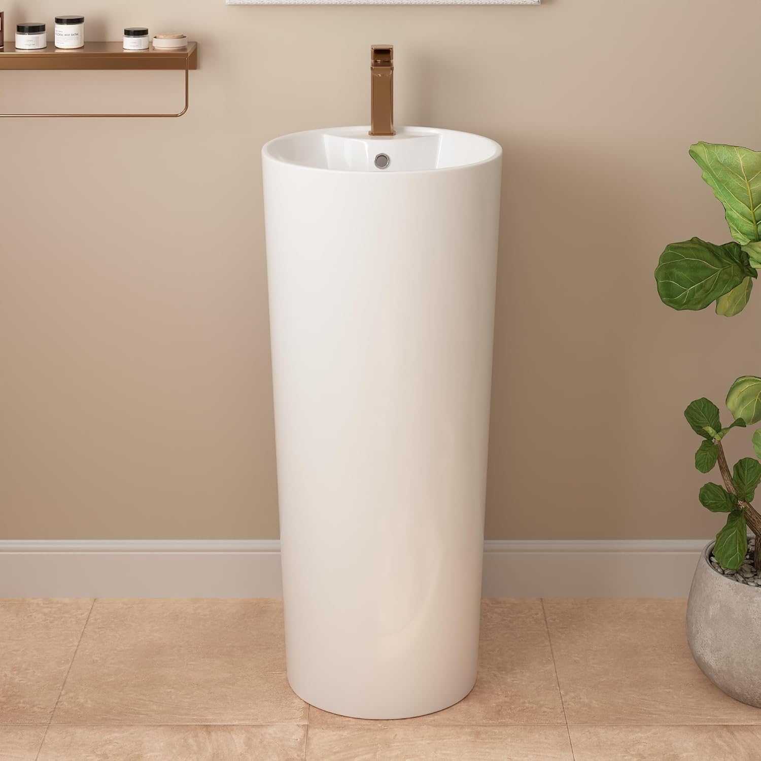 DeerValley 15" X 15" Circular Basin Pedestal Sink, Apex White Ceramic Pedestal Bathroom Sink with Overflow and Pre-Drilled, Modern Bath Porcelain Pedestal Sink Combo, DV-1P527