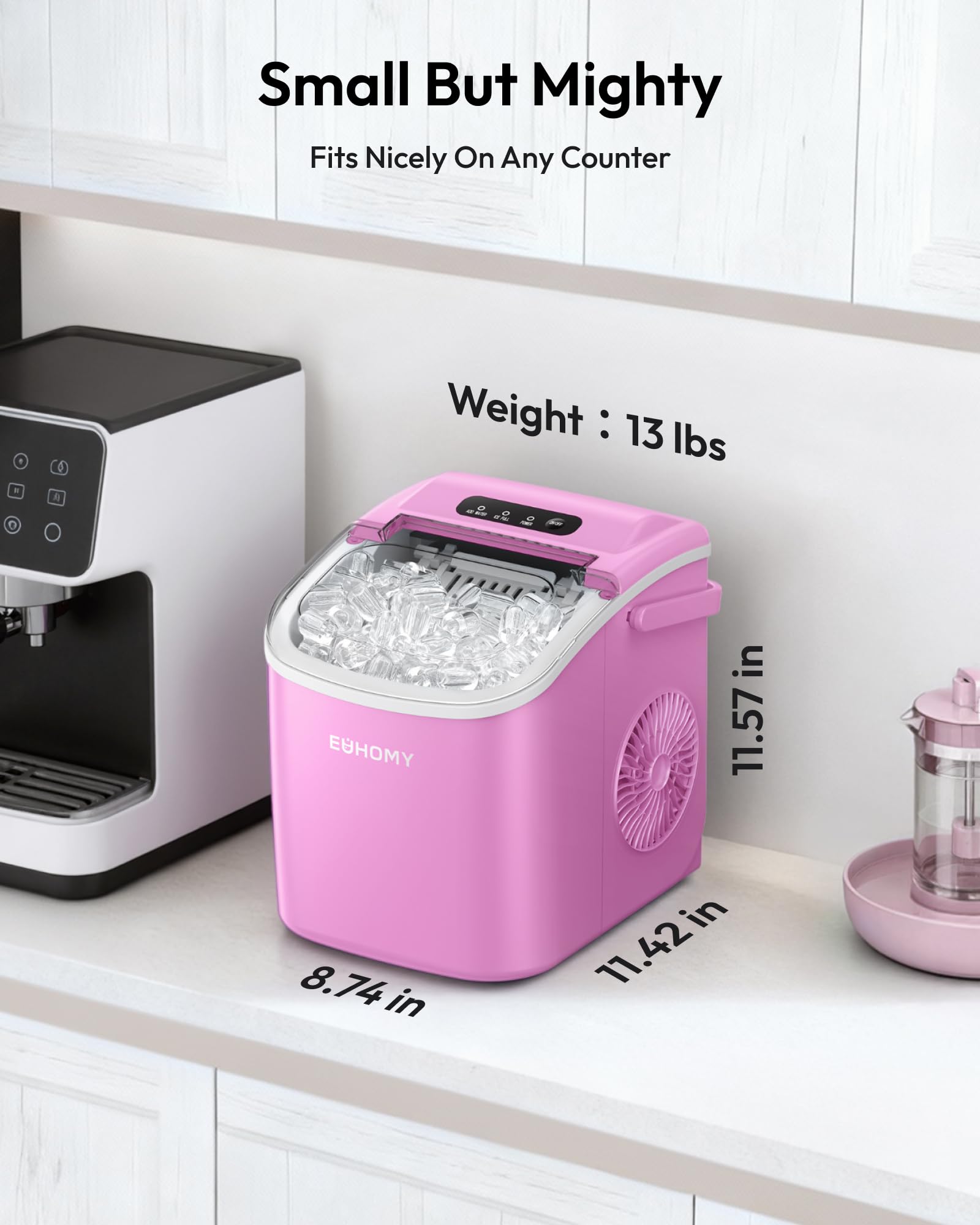 EUHOMY Máquina de hielo de banco con mango, 11,8 kg por día, 9 cubitos de hielo listos en 6 minutos, autolimpieza, para cocina, hogar, camping, caravana, fiesta, dormitorio