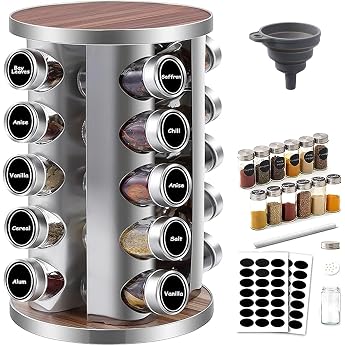 Spice Rack with 20 Spice Jars, 360&deg; Rotatable, Stainless Steel Spice Carousel (430) with Strainer Lids, Spice Rack Standing, 