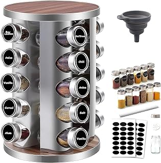 Spice Rack 360° Rotatable with 20 Spice Jars - Spice Carousel in 430 Stainless Steel, Standing Spice Rack with Labels & Pen, Wooden Look, Space Saving - for Kitchen and Cooking