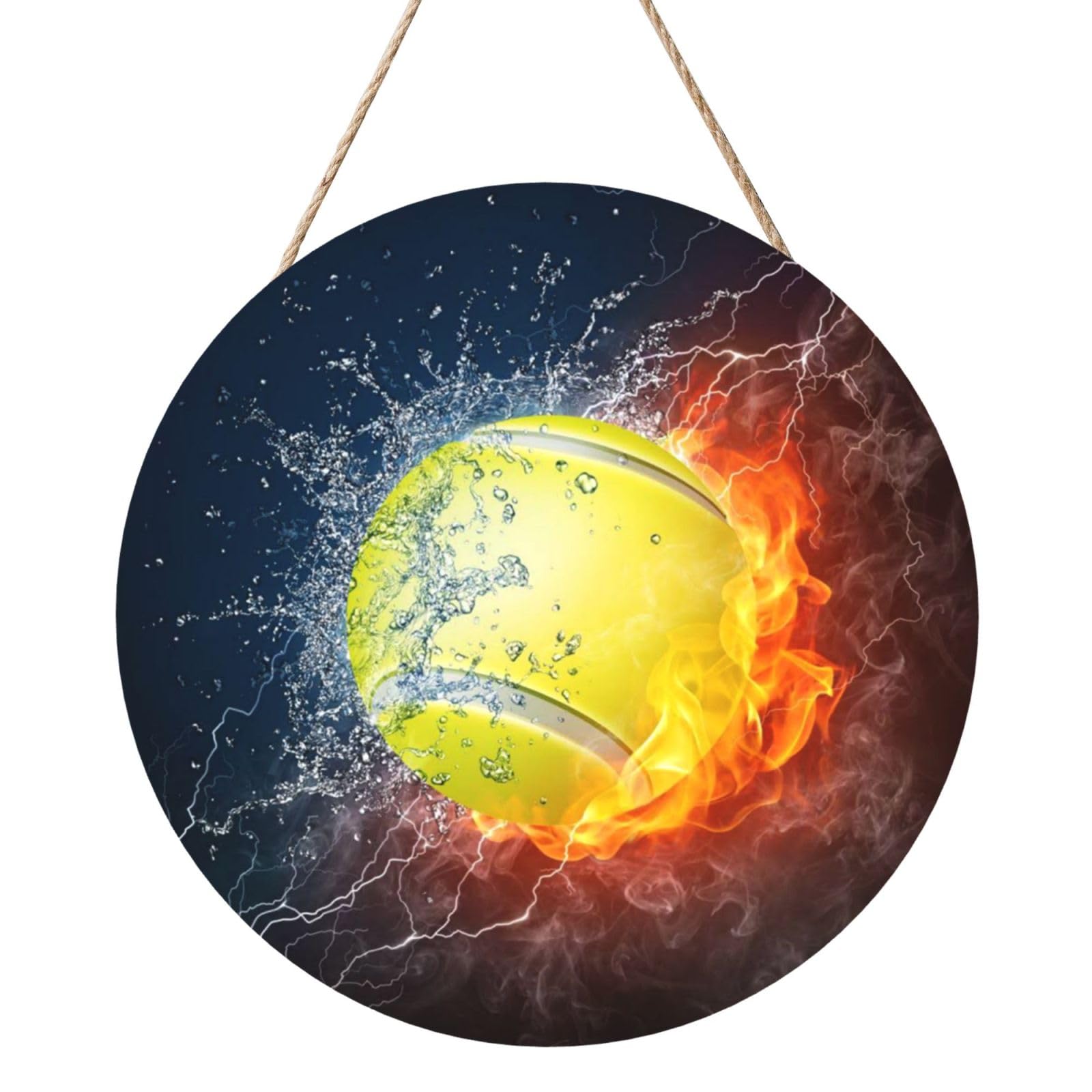InOmak Tennis Ball In Fire And Water, Round Wood Panel Painting 12 in, Wall Hanging Painting For Home