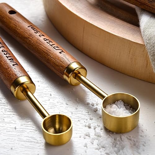 Miniatura 7 de JASHII Juego de 8 tazas y cucharas medidoras doradas con mango de madera de acacia, herramientas de cocina de acero inoxidable para cocinar hornear