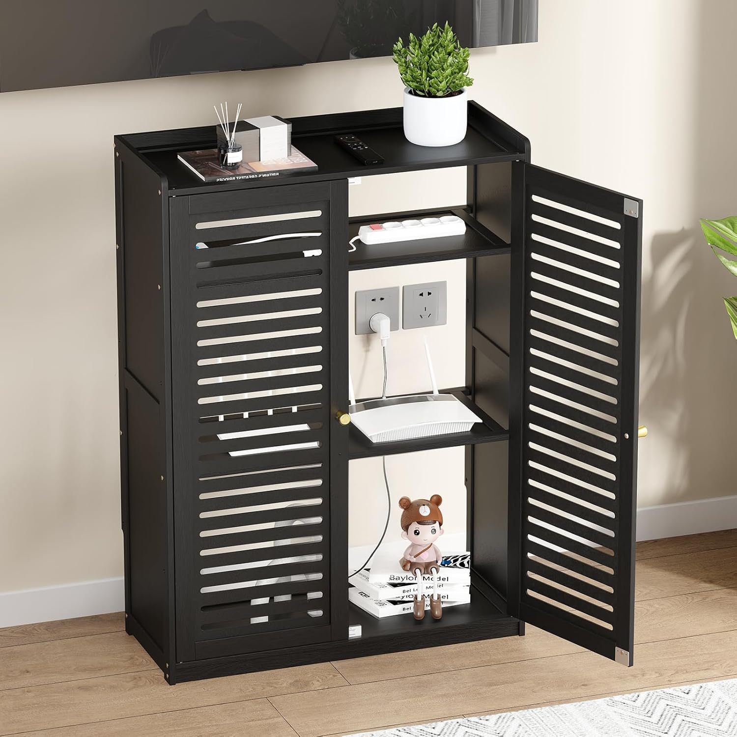 WiFi Router Storage Box – Multimedia Concealment Cabinet with Cable Management, Floor Standing WiFi Router Modem Storage, Perfect for Home and Office, Black