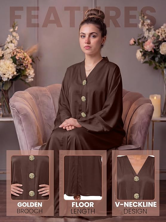 Women’s Button Down Abaya – Elegant Modest Dress with Decorative Gold Buttons Soft Muslim Maxi Gown for Ramadan Versatile Kaftan Style