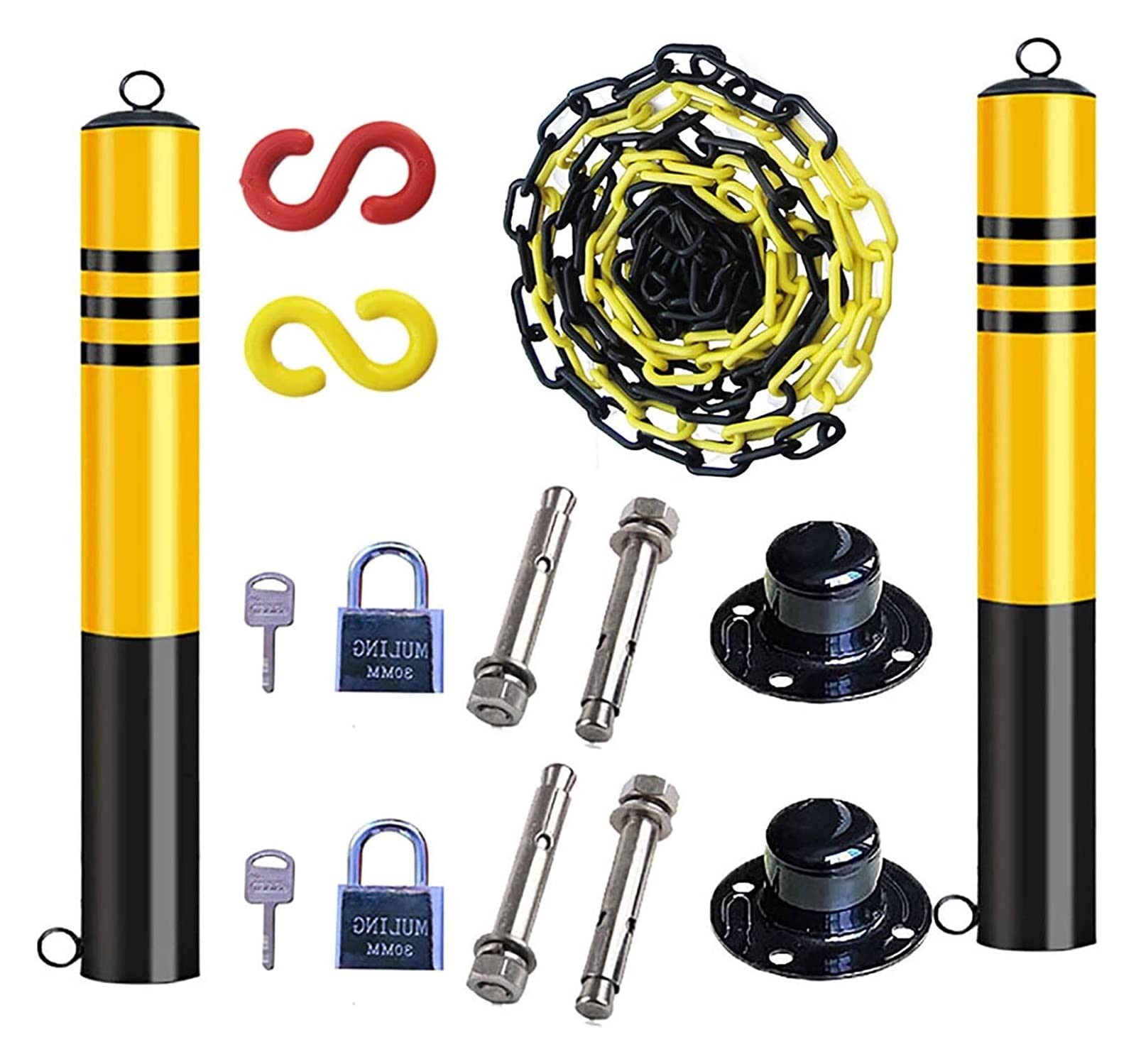 WDSOPK Bollard Post, 2pcs Nailed Metal Bollard with Detachable Base Safety Posts Parts for Driveways,Barriers and 5m Plastic Chain Barrier Set （750 x 76mm）