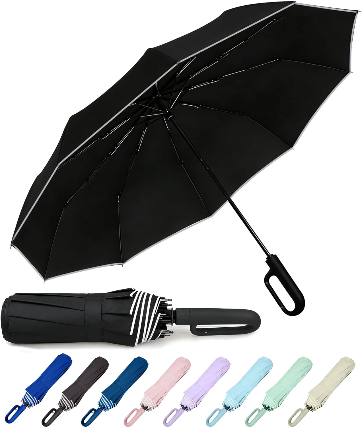 MRTLLOA 46 Inch Travel Essentials Ring Handle Umbrella, Windproof for SUN/UV and Rain with Reflective Stripe, Compact Folding Backpack Umbrella for Women Men, 10 Ribs - Image 13