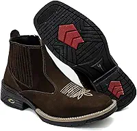 Bota Bico Quadrado em Couro Nobuck, Estilo Country Western com Bordado, Solado Antiderrapante