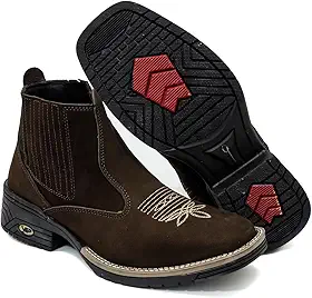 Bota Bico Quadrado em Couro Nobuck, Estilo Country Western com Bordado, Solado Antiderrapante