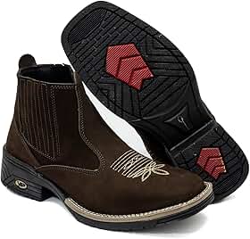 Bota Bico Quadrado em Couro Nobuck, Estilo Country Western com Bordado, Solado Antiderrapante