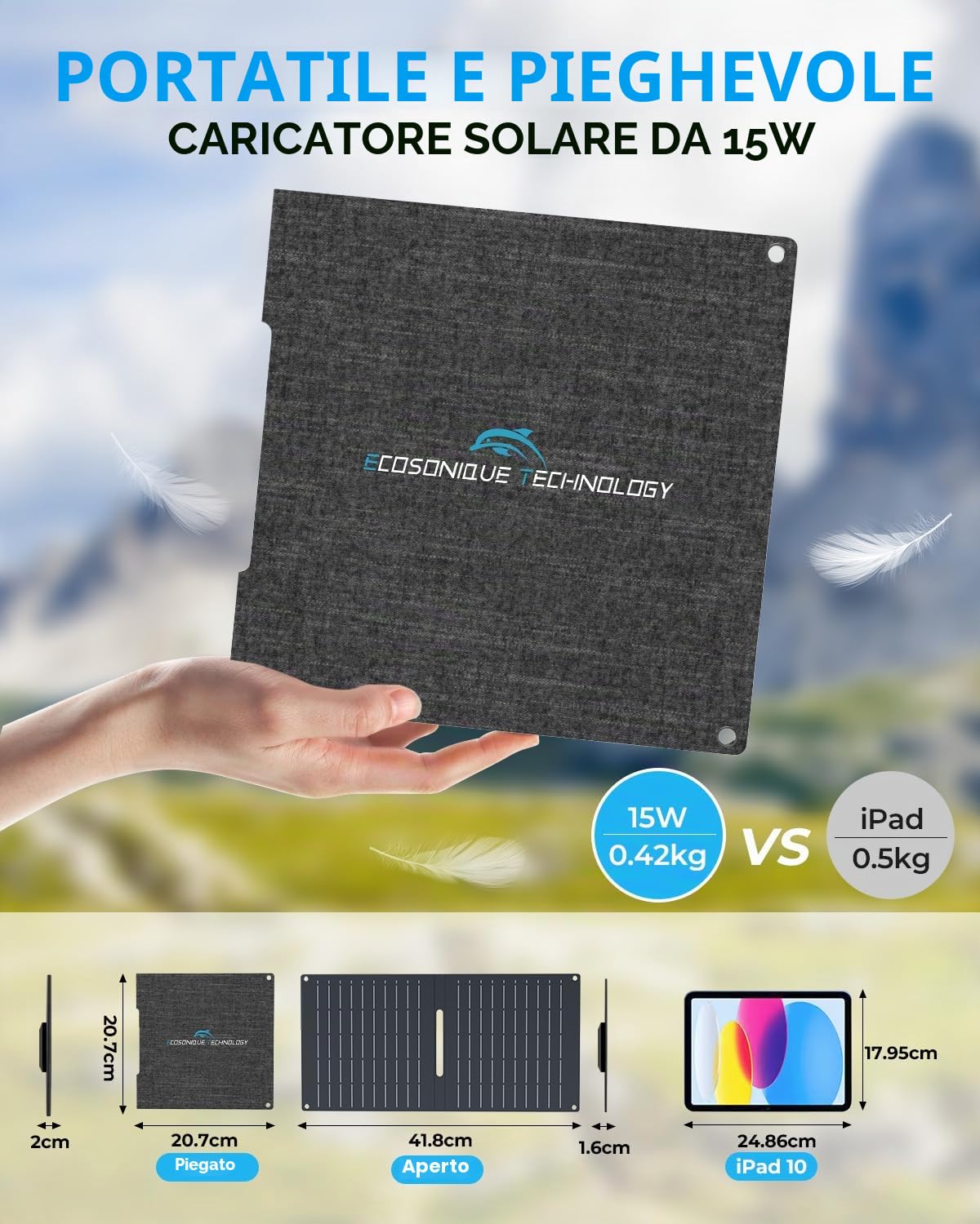 Ecosonique - Pannello solare pieghevole da 15/30/60 W, doppia ricarica rapida USB-A/C, IP67 ETFE, ultra leggero, per campeggio, compatibile con iPhone, Samsung, Google Pixel