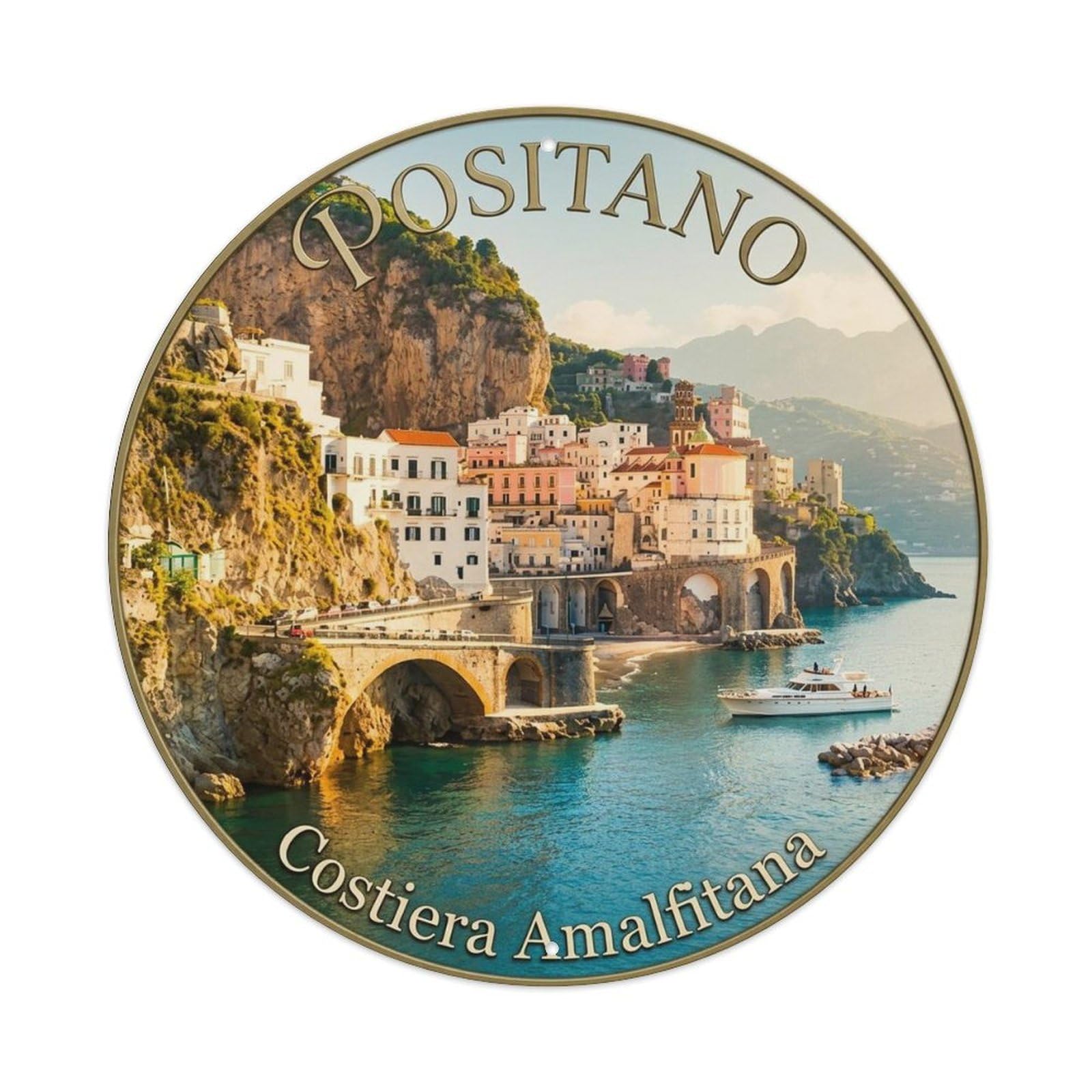 Coastal Italy Positano Italian Emblem Rustic Seaside Metal Tin Sign Plaque Wall Decor for Cafe, Man Cave, Club Bar, Office, Home Garden Round Metal Poster 8x8Inch