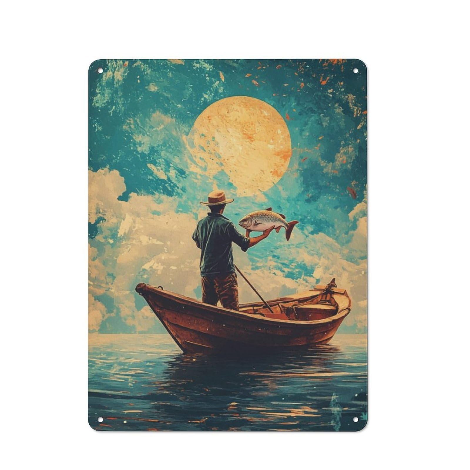 Junmoney Fisherman With Catch Metal Sign 40X30cm With For Workshop Wall, Vintage Decor, A Decorative Christmas Gift For Metal Sign Collectors