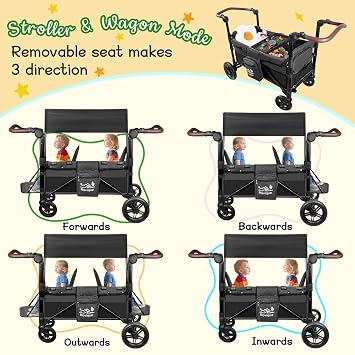 2-Seater Wagon Stroller | All-Terrain Foldable Aluminum Stroller Wagon with Extension, Detachable Canopy, Convertible Seats, Adjustable Push Handle, Cup Holder & Removable Snack Tray