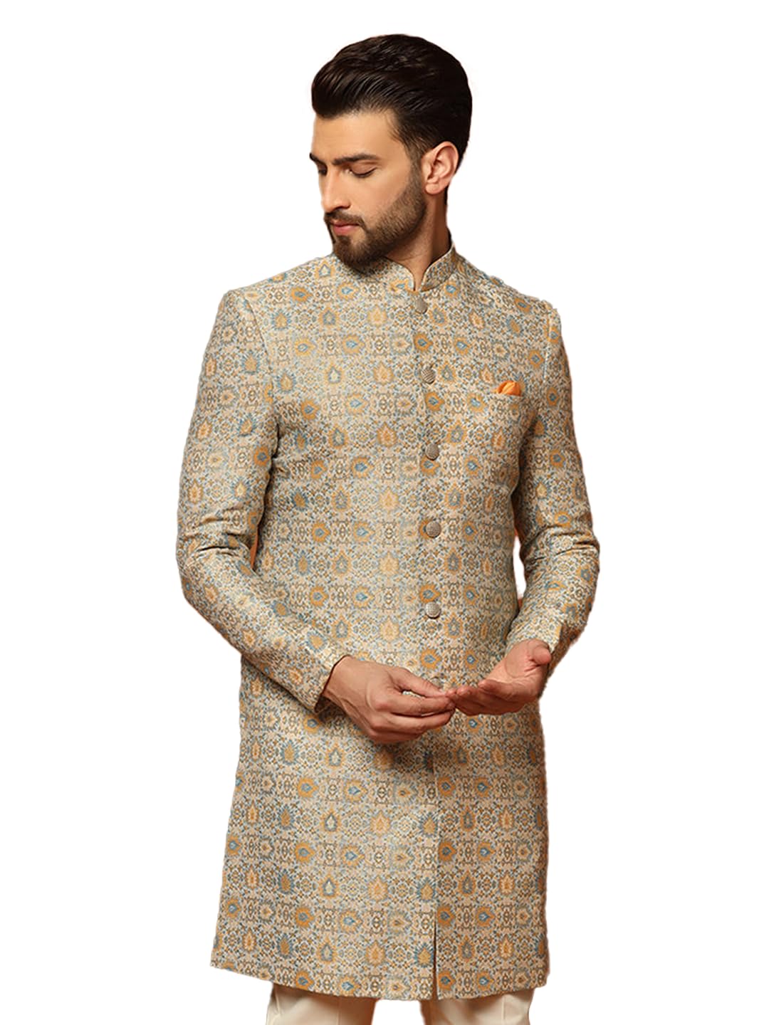 Kisah Mens Sherwani & Trouser Set  Textured Silk Blend Jacquard Ethnic Wear For Men  Regular Fit Wedding & Festive Look  Dry Clean Only, Multicolour, 44
