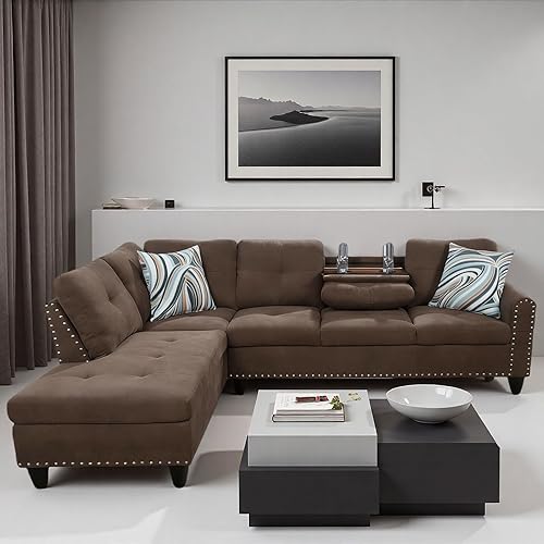 Miniatura 5 de Sofá modular en forma de L con soporte para tazas, juego de sala de estar de 97 pulgadas con diván, sofás seccionales con ribete de cabeza de