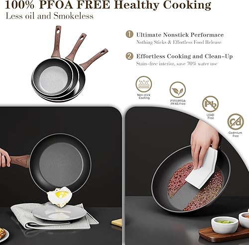 Miniatura 3 de Sartenes antiadherentes, 3 piezas de sartén antiadherente con sartén de 8 pulgadas, 9.5 pulgadas11 pulgadas, mango fresco, revestimiento de efecto