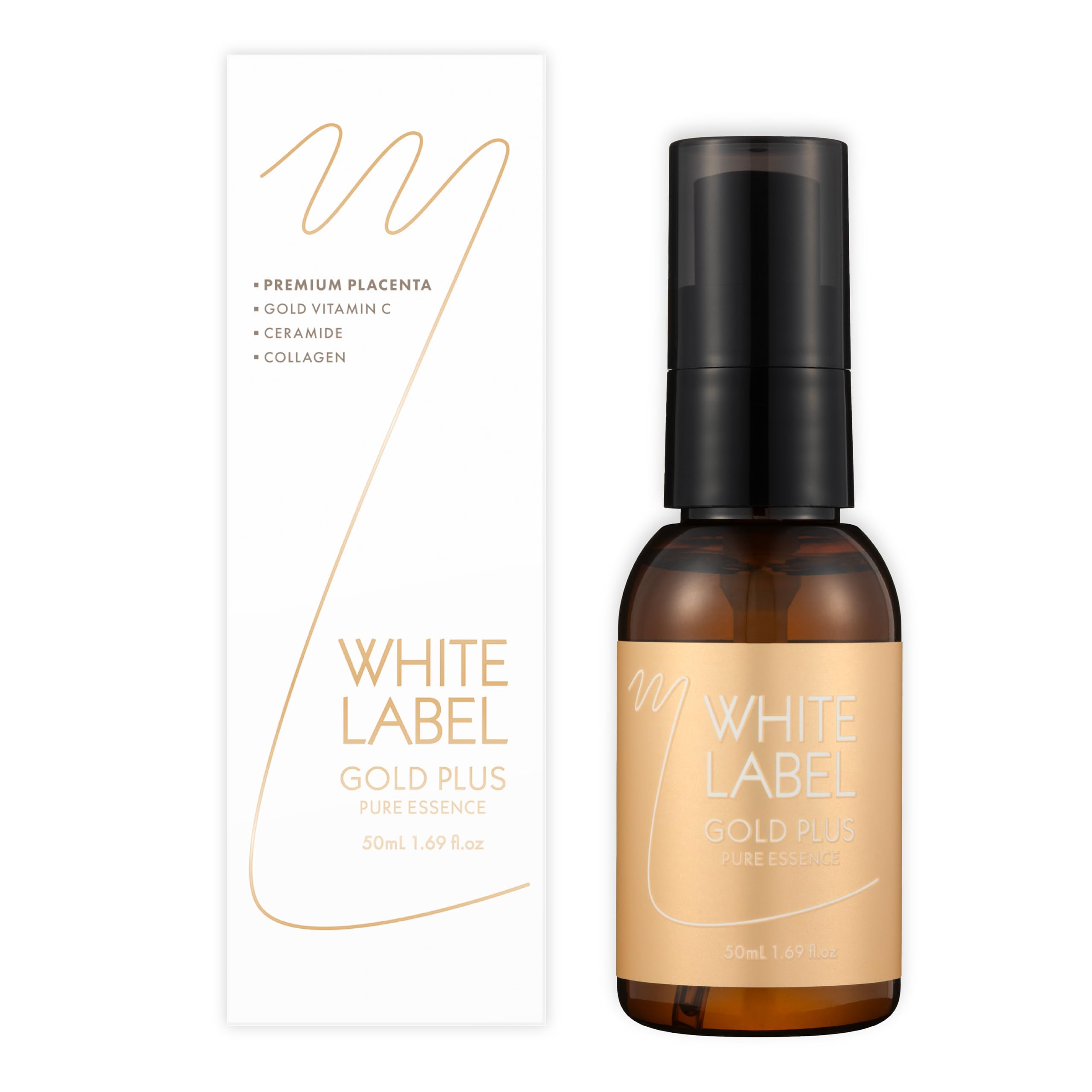 WHITE LABEL Gold Plus Raw Placenta C Essence Serum, 50 ml – Facial Essence with Placenta Extract, witamina C i glutation, fermentowana woda kolagenowa – wyprodukowano w Japonii