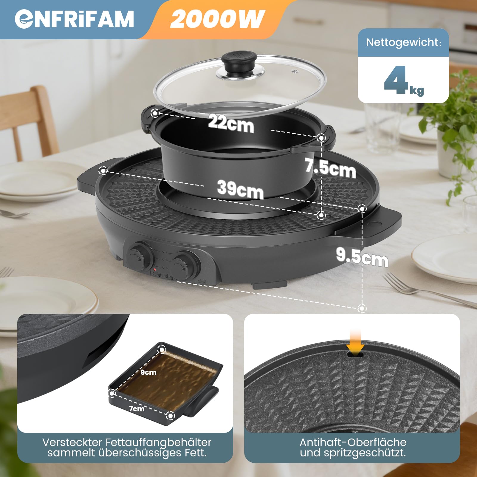 Elektryczny garnek 2 w 1, 2000 W, elektryczny garnek i grill, grill elektryczny 2 w 1, równomierne ogrzewanie z niezależnym (39 cm – zdejmowane garnki do zupy)