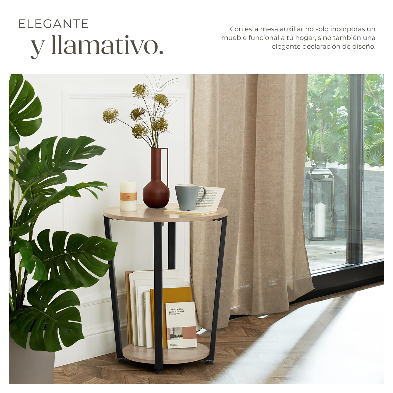 tectake® Mesa Auxiliar Redonda con Pies Ajustables, para Salon cómo Mesa de Centro o Dormitorio cómo Mesitas de Noche, Decoracion Hogar - 50 x 50 x 62,5 cm Madera Industrial Clara, Roble Sonoma