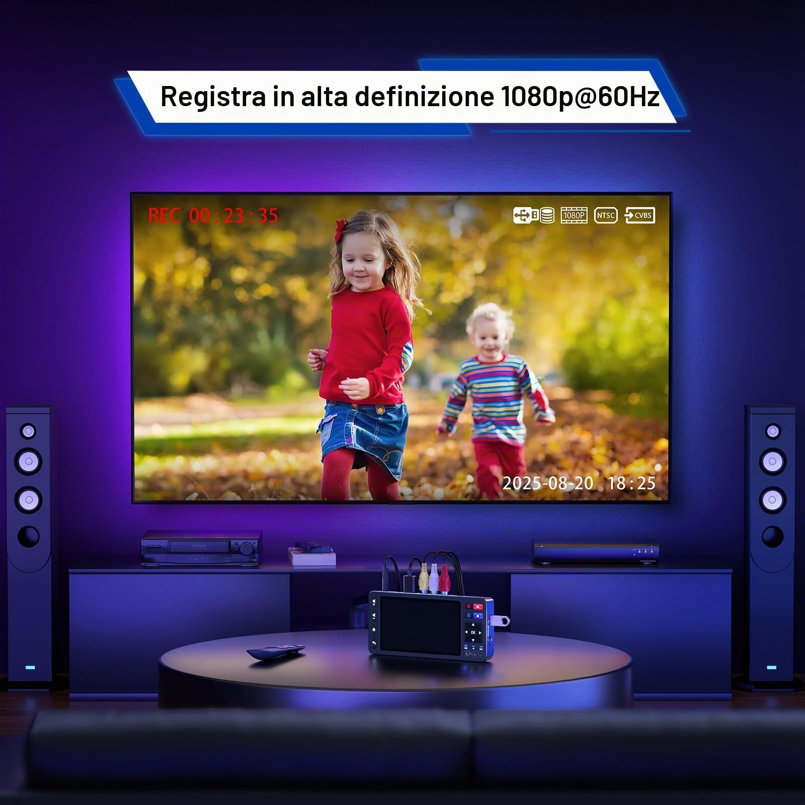PORTTA Convertitore da VHS a digitale VD20P con schermo HD da 5", registratore video, conversione in MP4, compatibile con VHS, Hi8, Mini DV, console di gioco (richiede lettore VHS/DVD/videocamera)