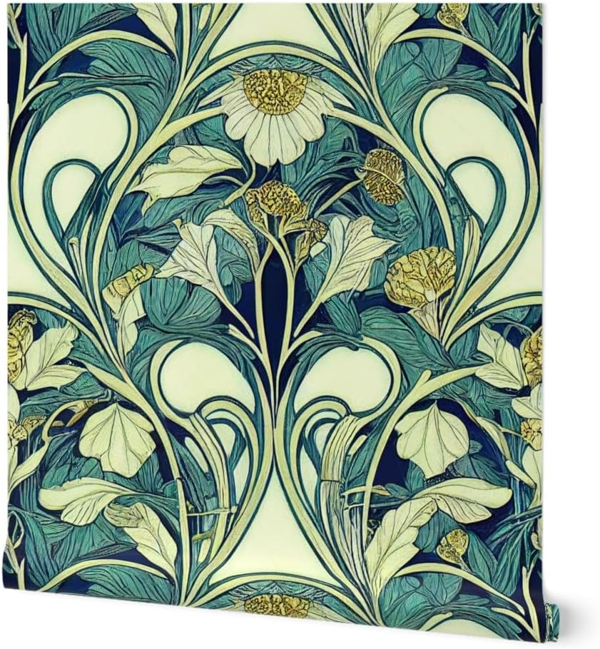 Spoonflower Peel & Stick Wallpaper Swatch - Art Nouveau 1920S Teal Green Cream Floral Vines Elegant Garden Botanical Custom Removable Wallpaper