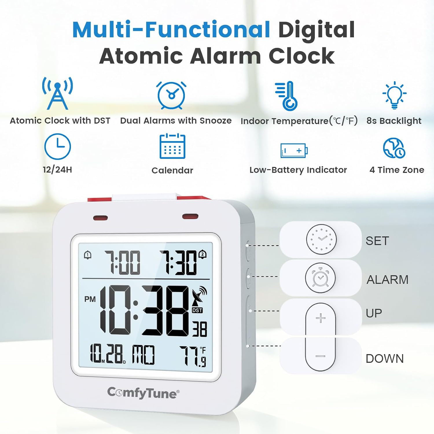 Small Digital Atomic Alarm Clock, Battery Operated Bedroom Clock