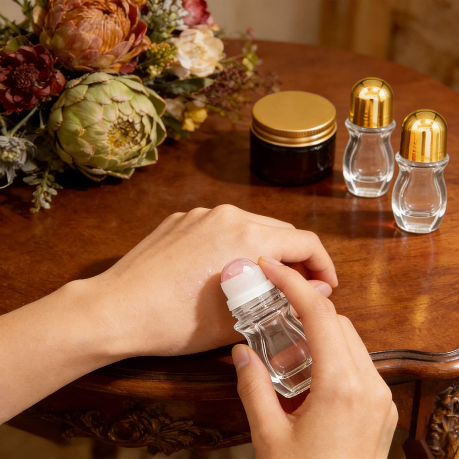 Warmify Refillable Roller Waisted Bottles, Clear Bottle Rose Quartz Roller, 30ml - 4