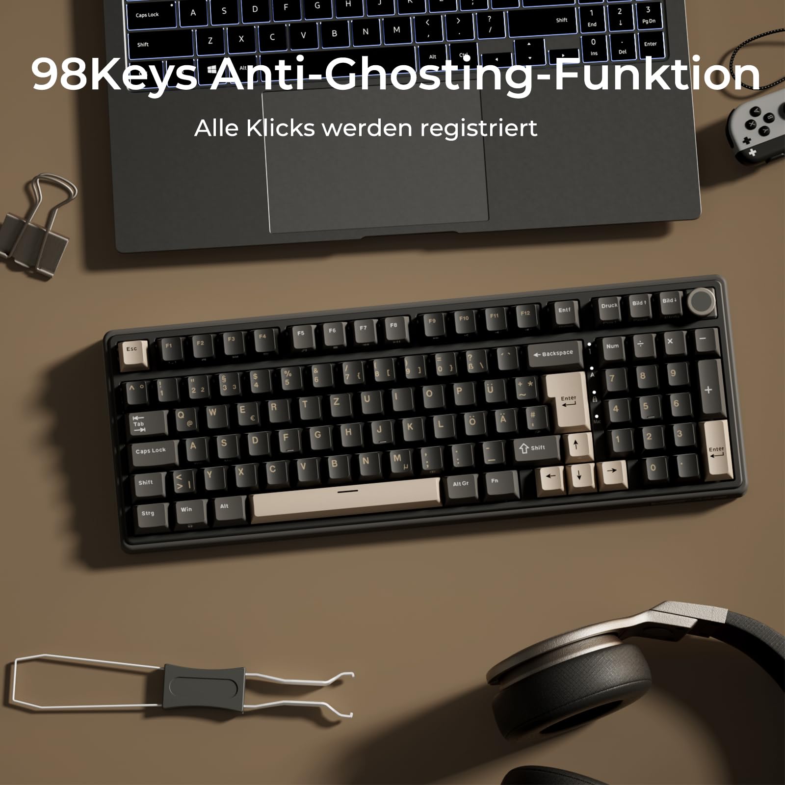 RK ROYAL KLUDGE R98 Pro Mechanische Tastatur Kabel, 96% Gasket Gaming Tastatur QWERTZ RGB mit Nummernblock und Knopf, PBT-Tastenkappen, Hot Swap Linearer Creamy Switches
