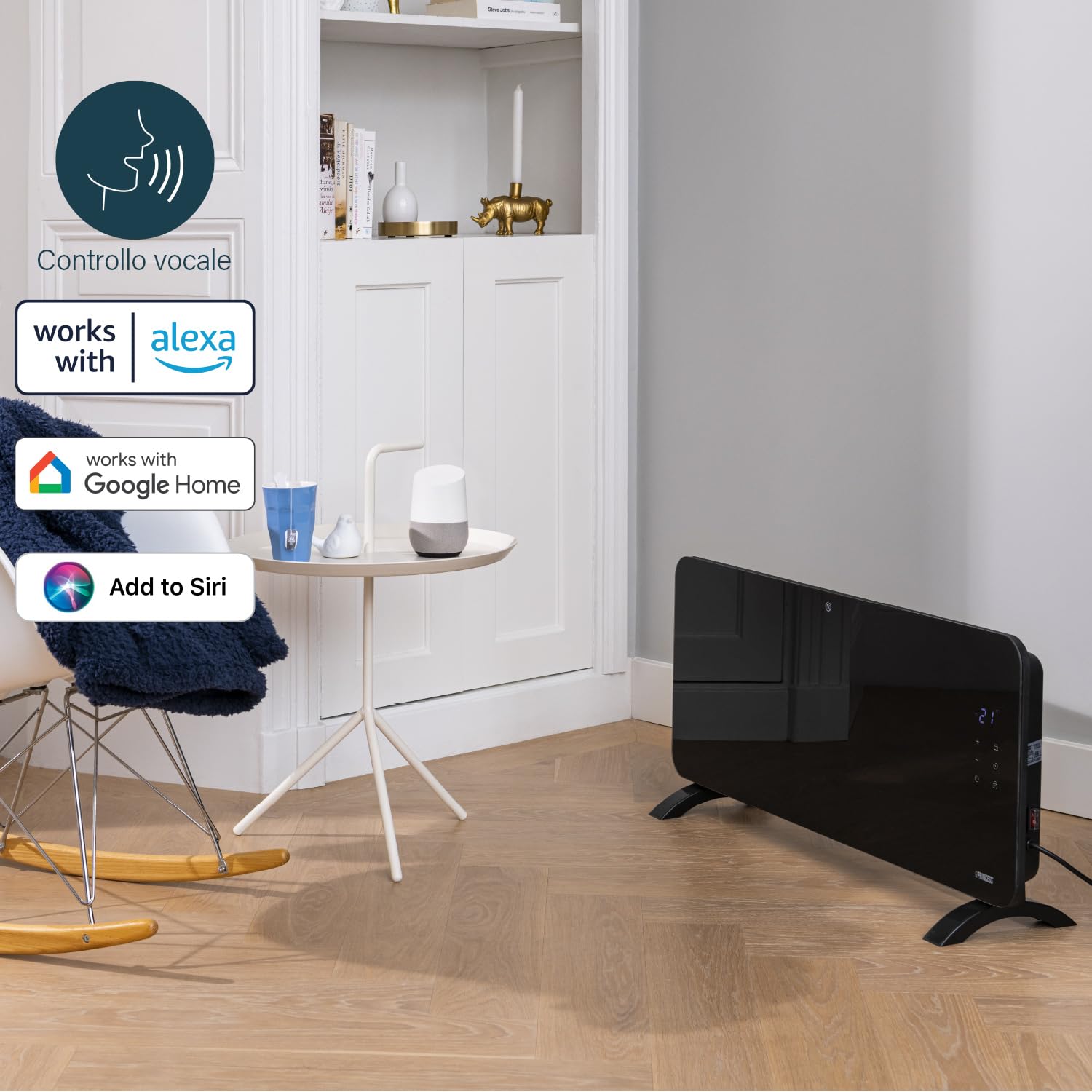 Princess Riscaldatore elettrico connesso - Riscaldamento a convezione - Controllo manuale, tramite app o vocale - App gratuita - Pannello in vetro - 2000W - Nero - 348200