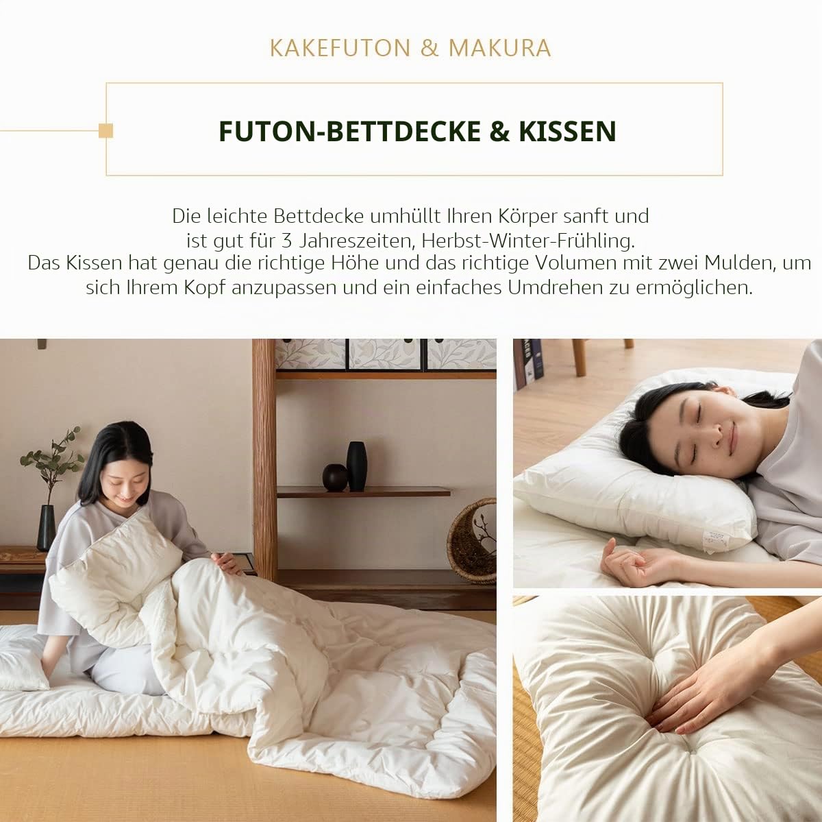 EMOOR Japanisches Futon Set (Matratze, Bettdecke und Kissen), 95 x 195 cm, Hergestellt in Japan, Bodenmatratze Baumwolle