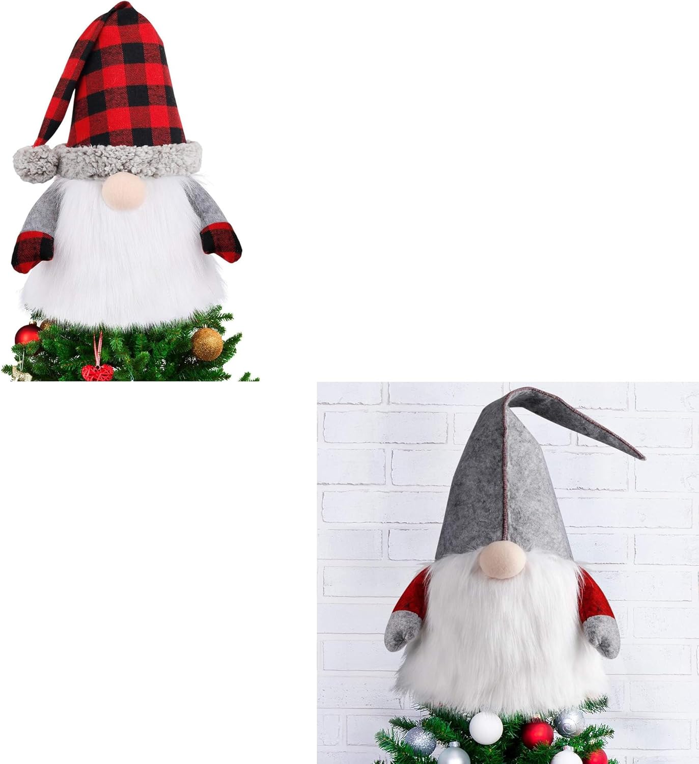 D-FantiX Plaid Hat Gnome Christmas Tree Topper & Gray Hat Gnome Christmas Tree Topper