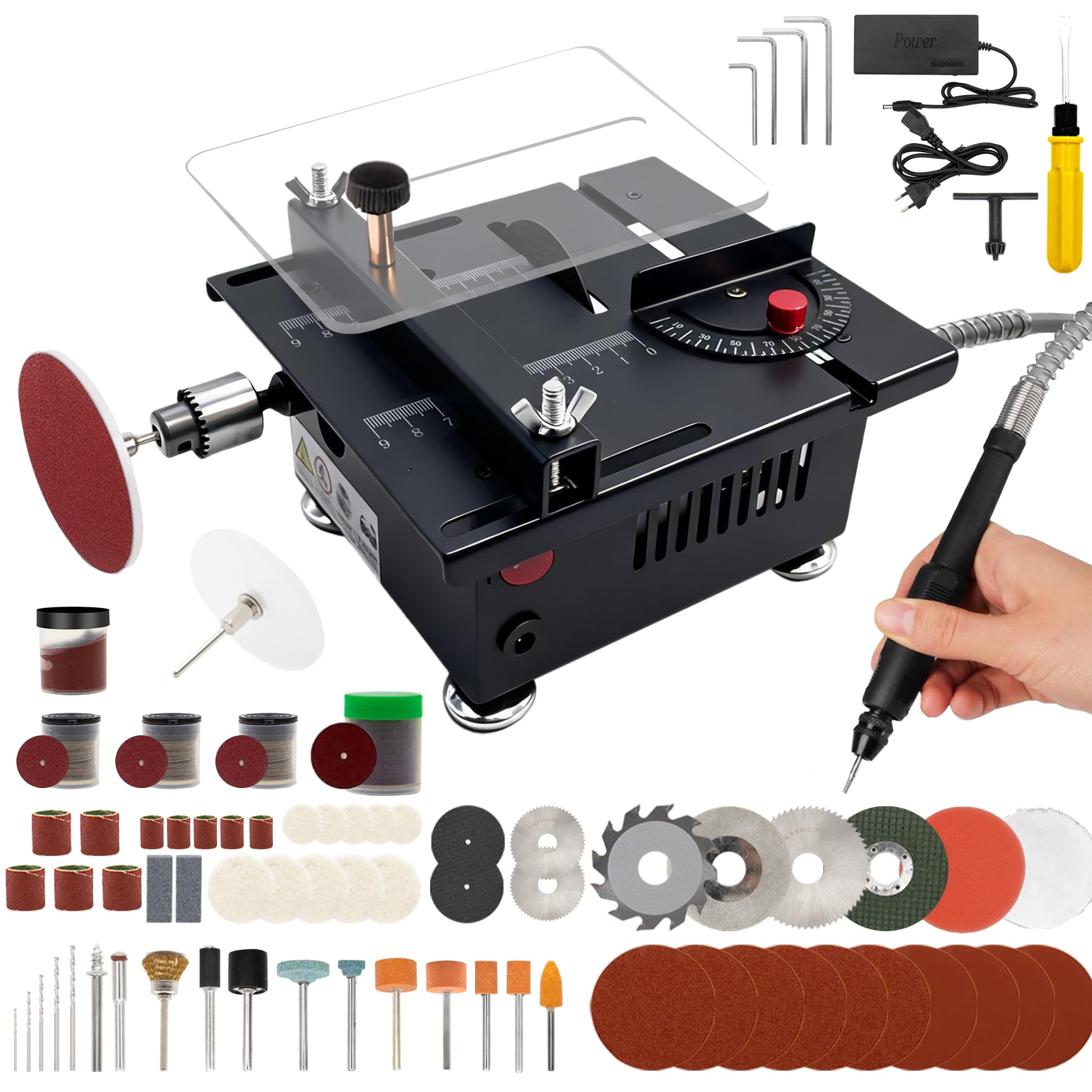 Mini Table Saw, Mini Multi Functional Table Saw for Crafts, 7-Speed Adjustable Portable Desktop Saw with Height & Angle Control, Cutting/Polishing/Engraving/Drilling for Woodworking, Plastic & Acrylic