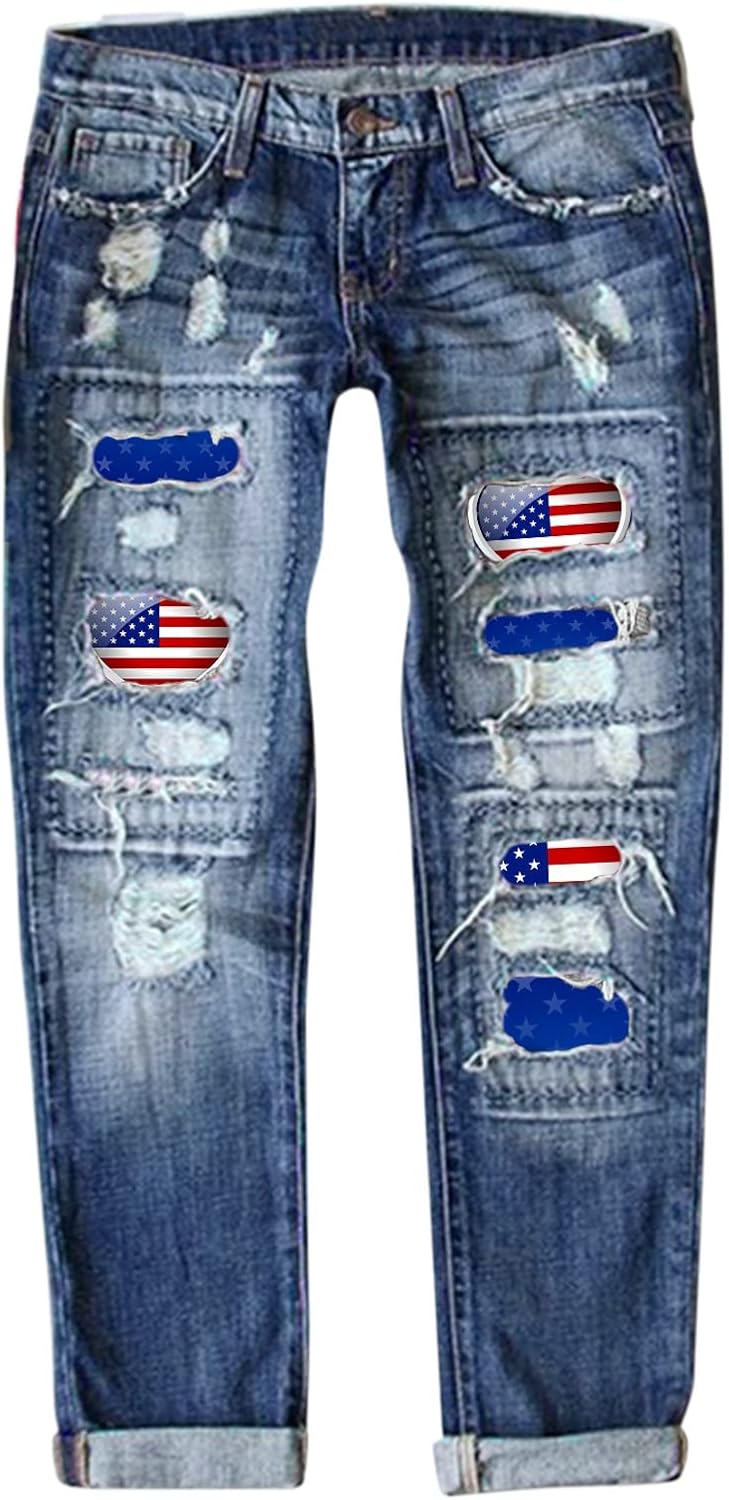 4th of July Ripped Jeans for Women USA Flag Star Striped Patch Cut Out Distressed Boyfriend Patriotic Denim Jeans