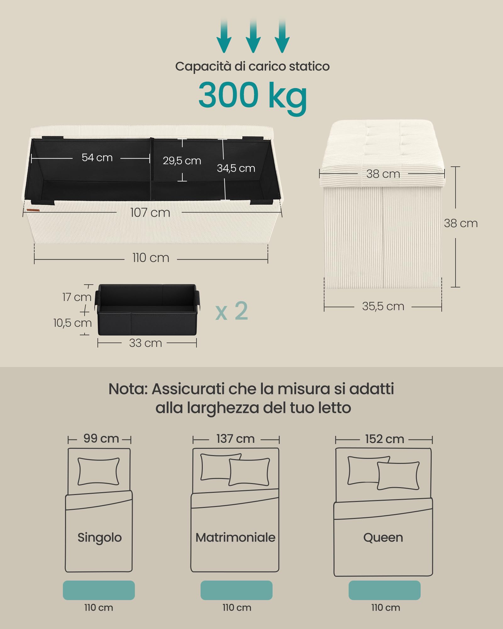 SONGMICS Panca Contenitore, Pouf Pieghevole, 38 x 110 x 38 cm, Panca da Fondo Letto, Cassapanca, Capacitàdi Carico 300 kg, per Soggiorno, Camera da Letto, Ingresso, Bianco Crema LSF604W01