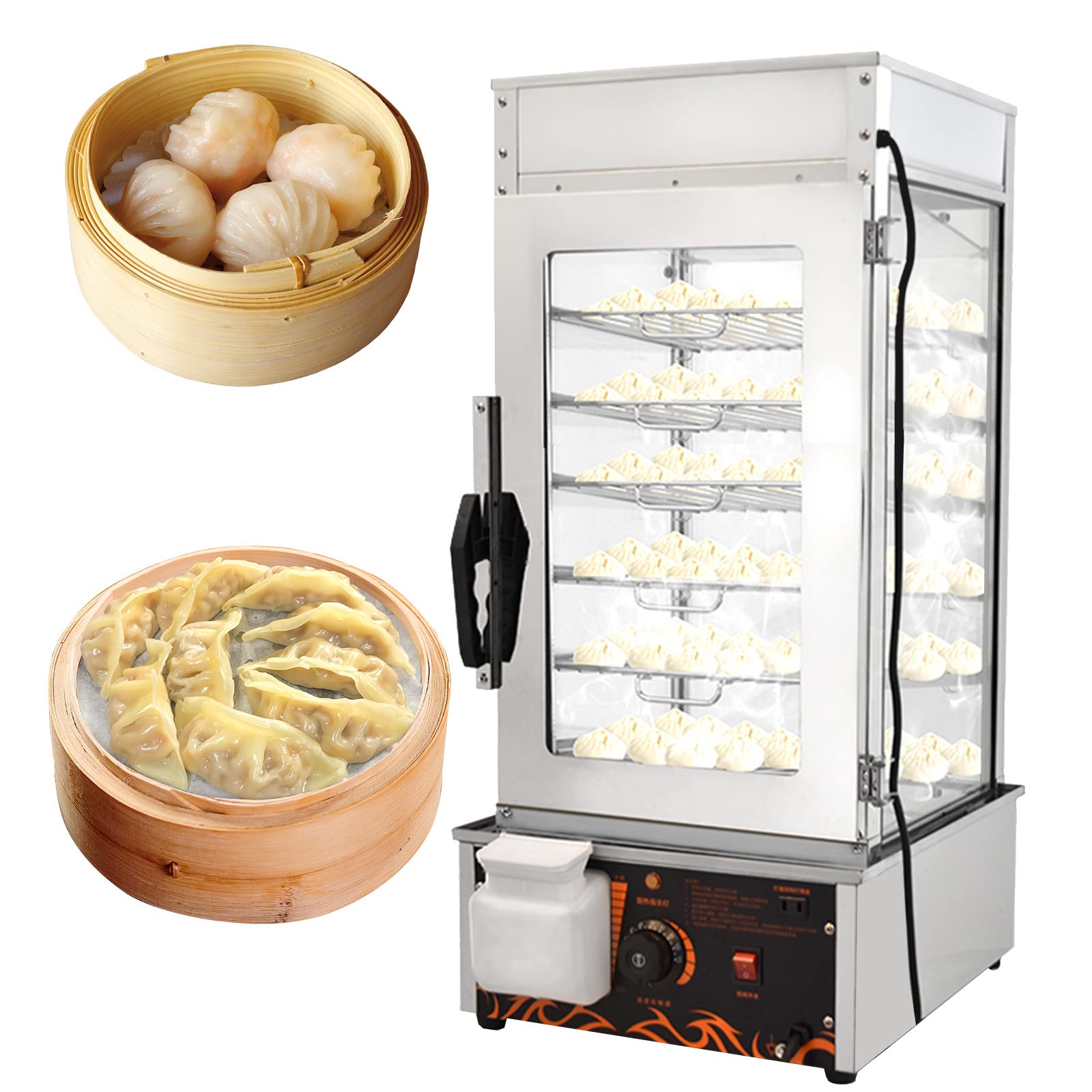 TXMACHINE bun steamer fast food tempered glass display steam Cabinet 6 layer food warmer electric Pau Steamer for siomai,dumpling,Dim Sum,steamed bun,momo with temperature control (110V)