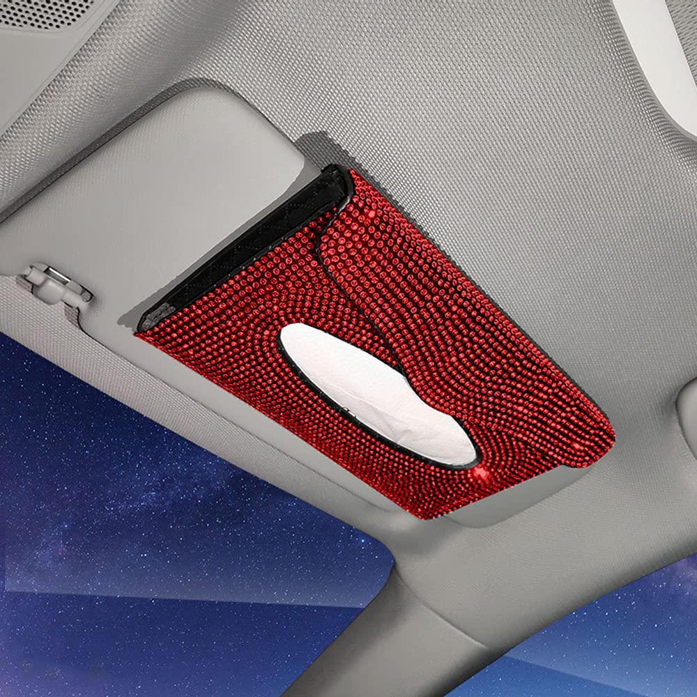 MINGZAIQIPEI Bling Car Sun Visor Tissue Box Holder Pure Hand-Made Sparkling Crystal Auto Napkin Holder PU Leather Backseat Tissue Case for Women (Red)