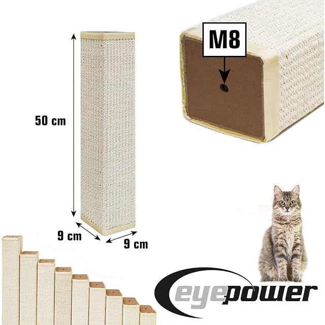 Foto 4 de 8 de eyepower 50 cm Poste Rascador de Repuesto - 9 x 9 cm Cuadrado M8 - Accesorio Fuerte para Árbol de Gatos