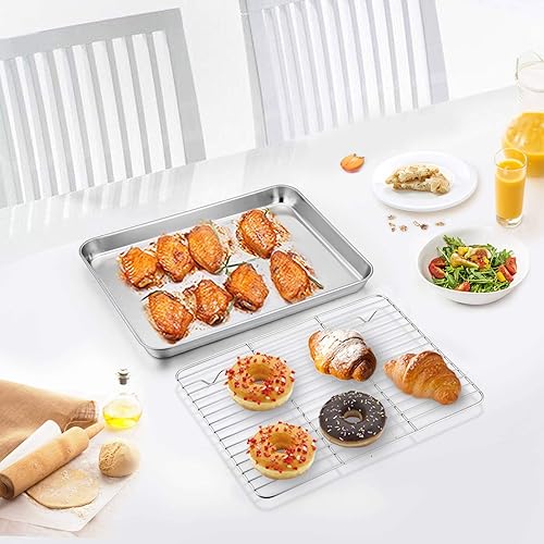 Miniatura 10 de TeamFar Sartén para horno tostador con estante (2 sartenes + 2 estanterías), sartén compacta de acero inoxidable de 9 x 7 x 1 pulgadas con estante