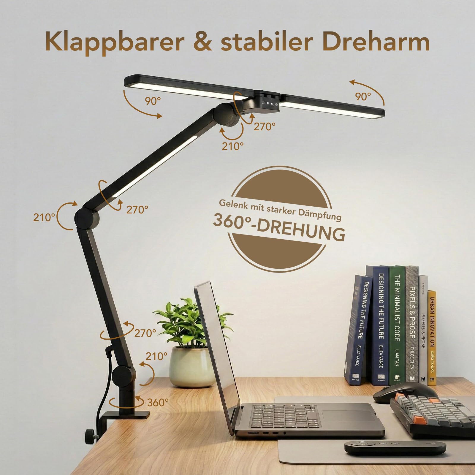 Tomshine LED Schreibtischlampe 24W Doppelkopf Klemmleuchte Dimmbar mit Fernbedienung, 272 LEDs 1500LM CRI 95+ Hell, 4 Farben Timer, Augenschonende Architektenlampe für Büro